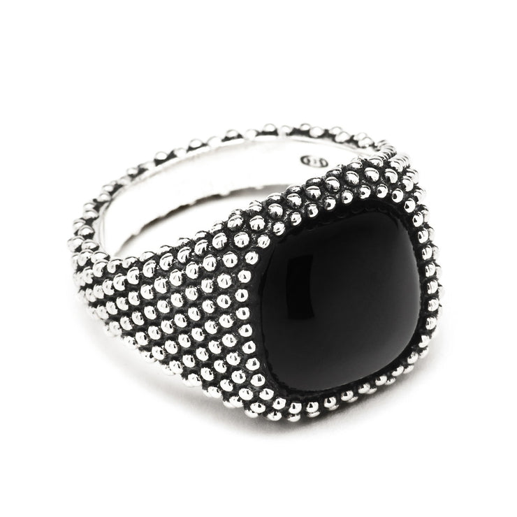 【N25ANEPQ073】BLACK AGATE DOTTED SQUARE SIGNET RING